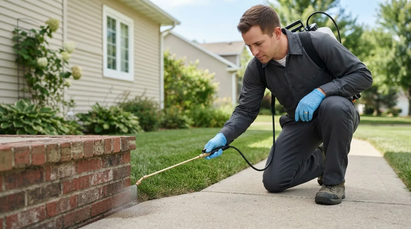 Pest control technician treating a home near Hubbardston, MI