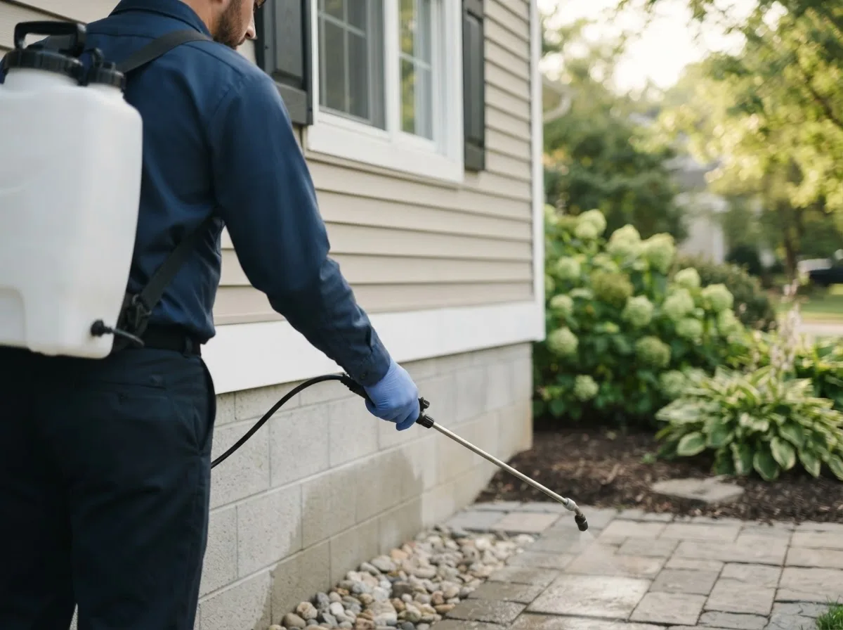 Pest control technician inspecting a home in Hubbardston, MI